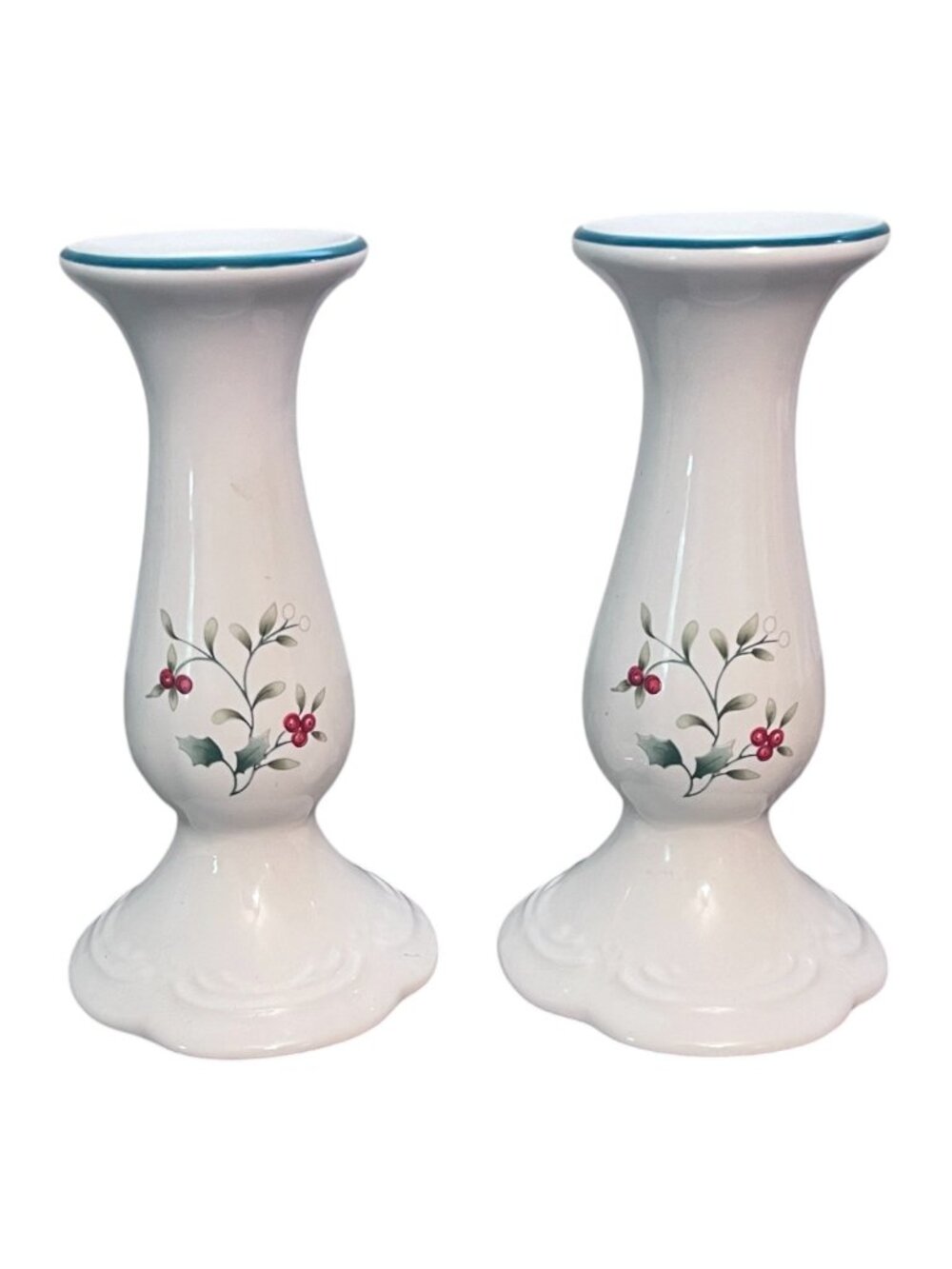 Pfaltzgraff Winterberry Candle Holders Pair White Holly Berry 6.5 Inch